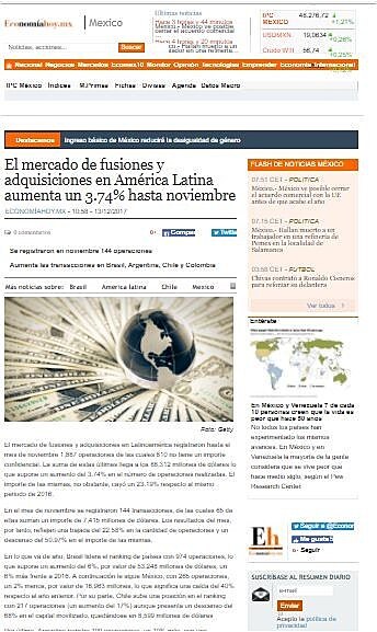 El mercado de fusiones y adquisiciones en Amrica Latina aumenta un 3.74% hasta noviembre